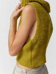 Fashion Knitted Hooded Sweater Vest Solid Color Front Zip Up Drawstring Sleeveless Cropped Streetwear  Crop Top