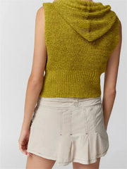 Fashion Knitted Hooded Sweater Vest Solid Color Front Zip Up Drawstring Sleeveless Cropped Streetwear  Crop Top