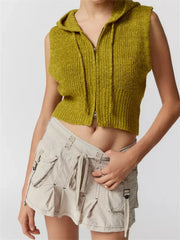 Fashion Knitted Hooded Sweater Vest Solid Color Front Zip Up Drawstring Sleeveless Cropped Streetwear  Crop Top
