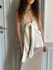 Female Summer Solid Strap Tie Up Irregular Vest  Y2K Retro V-neck Party Off Shoulder Backless Cropped Crop Top