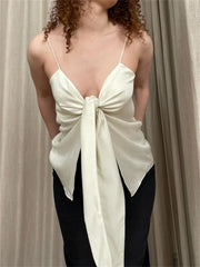 Female Summer Solid Strap Tie Up Irregular Vest  Y2K Retro V-neck Party Off Shoulder Backless Cropped Crop Top