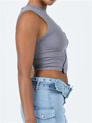 Front Irregular Zipper Summer Streetwear   Sleeveless Slim Fit Solid Basic Mini Vest New Crop Top