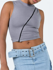 Front Irregular Zipper Summer Streetwear   Sleeveless Slim Fit Solid Basic Mini Vest New Crop Top