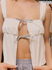 Front Split Lace-up Sleeveless Strap Square Neck Solid Color Causal Slim Fit Y2K Vest  Crop Top