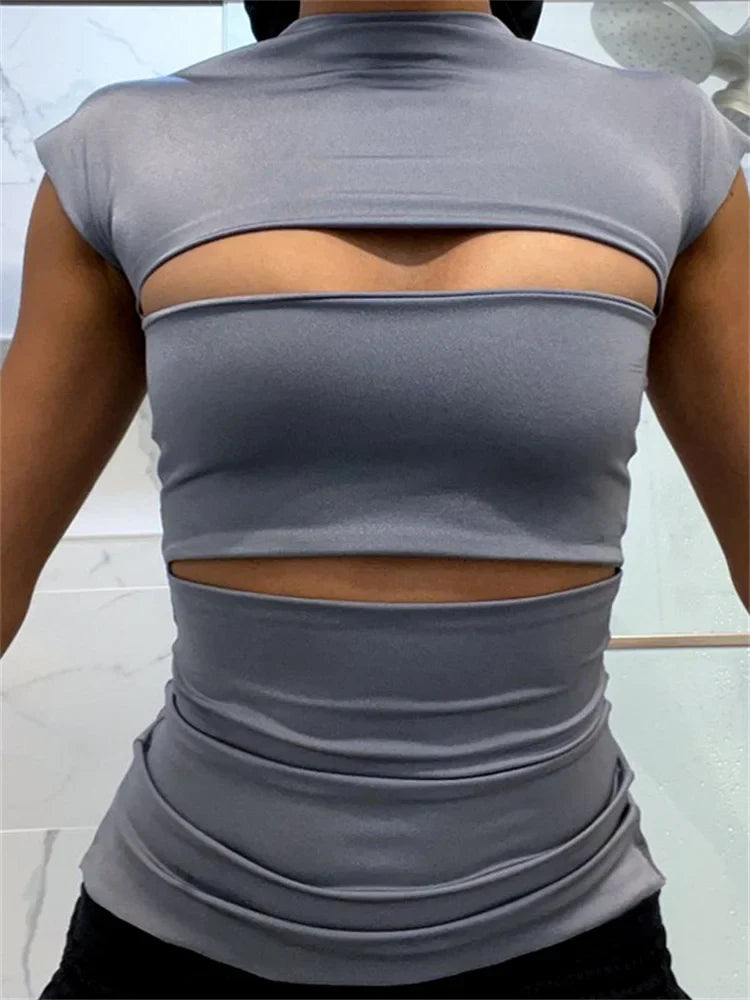 Hollow Out O Neck  Slim Fit Basic  Y2K T-shirts