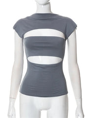 Hollow Out O Neck  Slim Fit Basic  Y2K T-shirts