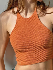 Knitted Ribbed Mini Vest Top for Summer Streetwear Sleeveless Halter Lace-up Backless Off Shoulder Cropped Crop Top