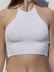 Knitted Ribbed Mini Vest Top for Summer Streetwear Sleeveless Halter Lace-up Backless Off Shoulder Cropped Crop Top