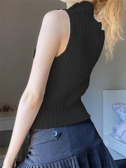 Knitted Ribbed Slim Fit for Summer Party Clubwear Front Zip-up Sleeveless Aesthetic Grunge Mini Vest Crop Top