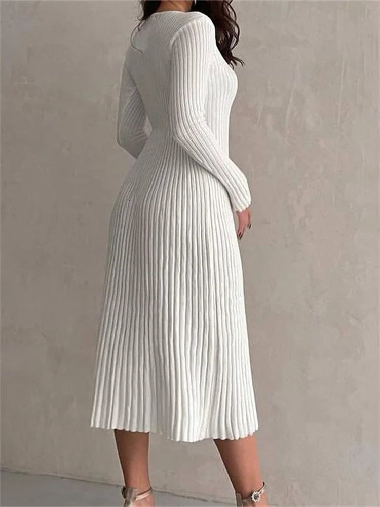 Knitted Ribbed Long Sleeve Slim Fit Solid Autumn Mid Midi Dress