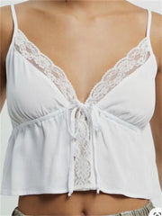 Lace Floral Patchwork Sleeveless Strap Y2K Retro V-neck Front Tie-up V-neck Mini Vest Clubwear Crop Top