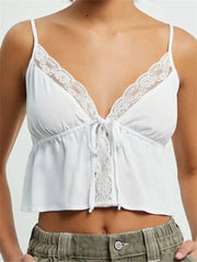 Lace Floral Patchwork Sleeveless Strap Y2K Retro V-neck Front Tie-up V-neck Mini Vest Clubwear Crop Top