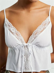 Lace Floral Patchwork Sleeveless Strap Y2K Retro V-neck Front Tie-up V-neck Mini Vest Clubwear Crop Top