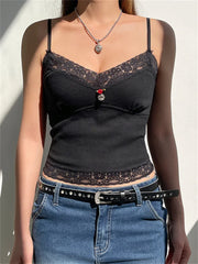 Lace Flower Patchwork Y2K Cropped Clubwear Summer  New  Strap Ribbed Slim Fit Mini Vest Crop Top