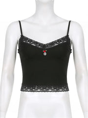 Lace Flower Patchwork Y2K Cropped Clubwear Summer  New  Strap Ribbed Slim Fit Mini Vest Crop Top