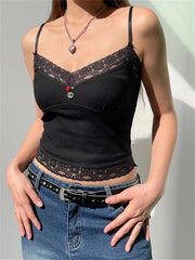 Lace Flower Patchwork Y2K Cropped Clubwear Summer  New  Strap Ribbed Slim Fit Mini Vest Crop Top