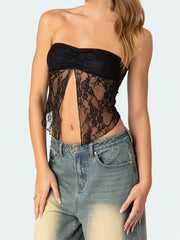 Lace Front Split Bustiers Corsets Strapless Off Shoulder Tube Party Club Mesh See Through Summer Vest  Crop Top
