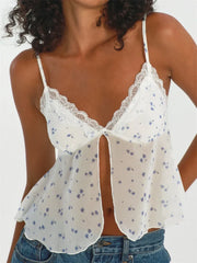 Lace Mesh See Through Patchwork Y2K Retro Sleeveless Strap V-neck Floral Print Front Split Vest Crop Top