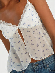 Lace Mesh See Through Patchwork Y2K Retro Sleeveless Strap V-neck Floral Print Front Split Vest Crop Top