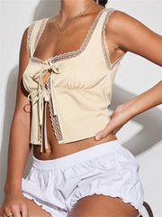 Lace Patchwork Sleeveless Front Split Lace-up Top for Summer Party Clubwear Ruched Slim Fit Vest New Crop Top