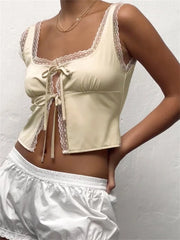 Lace Patchwork Sleeveless Front Split Lace-up Top for Summer Party Clubwear Ruched Slim Fit Vest New Crop Top