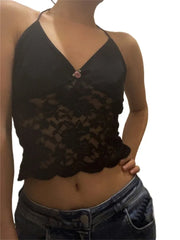 Lace See Through Flower Patchwork Retro Summer Streetwear Y2K Halter Backless Off Shoulder Mini Vest Crop Top