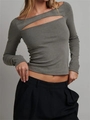 Long Sleeve Front Hollow Out Casual Crop Spring Autumn Solid Color Slim Fit T-shirts