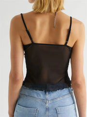 Mesh See Through Sleeveless Strap Top Y2K Party Clubwear Retro Square Neck Split Mini Vest  Crop Top