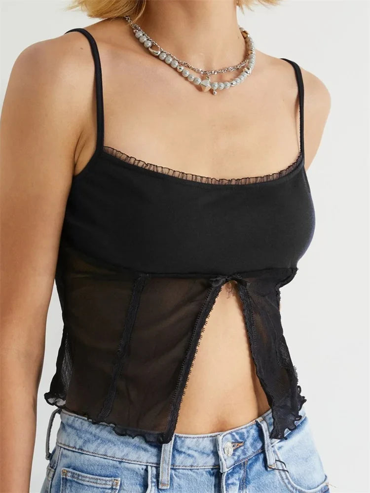 Mesh See Through Sleeveless Strap Top Y2K Party Clubwear Retro Square Neck Split Mini Vest  Crop Top