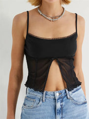Mesh See Through Sleeveless Strap Top Y2K Party Clubwear Retro Square Neck Split Mini Vest  Crop Top