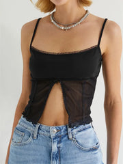Mesh See Through Sleeveless Strap Top Y2K Party Clubwear Retro Square Neck Split Mini Vest  Crop Top