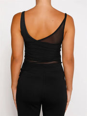 Mesh Sheer See Through Patchwork Exposed Navel Summer Streetwear  Irregular Hem Black Mini Vests Crop Top