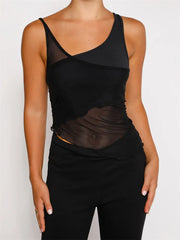 Mesh Sheer See Through Patchwork Exposed Navel Summer Streetwear  Irregular Hem Black Mini Vests Crop Top