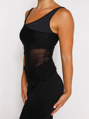 Mesh Sheer See Through Patchwork Exposed Navel Summer Streetwear  Irregular Hem Black Mini Vests Crop Top