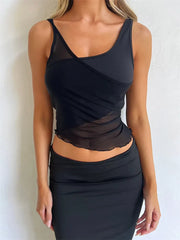 Mesh Sheer See Through Patchwork Exposed Navel Summer Streetwear  Irregular Hem Black Mini Vests Crop Top