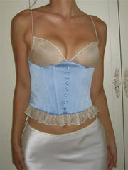 Mesh Sheer See Through Patchwork for V-neck Ruffles Hem Buttons Sleeveless Strap Summer Mini Vests Crop Top
