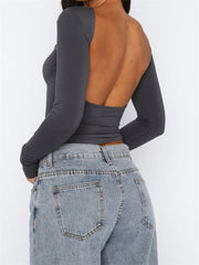 O Neck  Cropped  Spring Autumn Backless Basic T-shirts