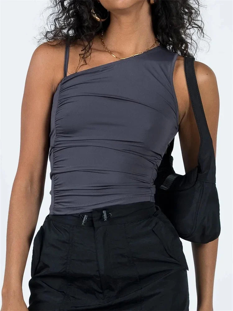 Off Shoulder Strap Ruched  Sleeveless Solid Slim Fit Irregular Hem Vest Summer Streetwear Crop Top