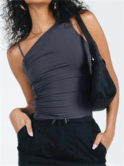 Off Shoulder Strap Ruched  Sleeveless Solid Slim Fit Irregular Hem Vest Summer Streetwear Crop Top