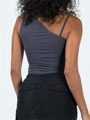 Off Shoulder Strap Ruched  Sleeveless Solid Slim Fit Irregular Hem Vest Summer Streetwear Crop Top