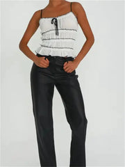 Retro Ruffles for Sleeveless Spaghetti Strap Backless Fairy Ruched Patchwork Lace-up Vest Crop Top