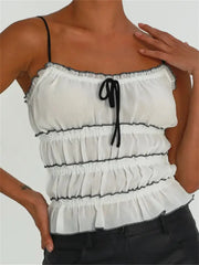 Retro Ruffles for Sleeveless Spaghetti Strap Backless Fairy Ruched Patchwork Lace-up Vest Crop Top