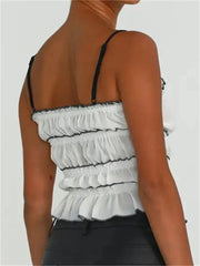 Retro Ruffles for Sleeveless Spaghetti Strap Backless Fairy Ruched Patchwork Lace-up Vest Crop Top
