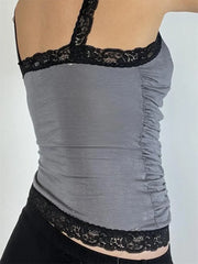 Retro Camisole Sleeveless Strap Backless Ruched Slim Fit Summer Lace Trim Mini Vest Summer Streetwear  Crop Top