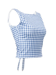Retro Cropped Top Plaid Print Summer Bow Backless Basic Vest Sleeveless Aesthetic for Streetwear  Crop Top