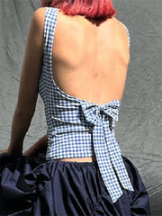 Retro Cropped Top Plaid Print Summer Bow Backless Basic Vest Sleeveless Aesthetic for Streetwear  Crop Top