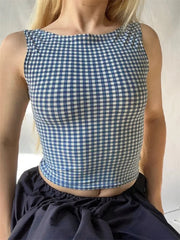 Retro Cropped Top Plaid Print Summer Bow Backless Basic Vest Sleeveless Aesthetic for Streetwear  Crop Top