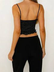 Retro Lace Ruffles Bowknot Cutout Spaghetti Strap Sleeveless Backless Summer Vest Clubwear  Crop Top