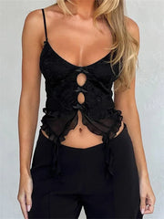 Retro Lace Ruffles Bowknot Cutout Spaghetti Strap Sleeveless Backless Summer Vest Clubwear  Crop Top