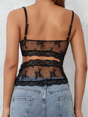 Retro Lace Sleeveless Strap V-neck Mesh Hollow Out Backless Summer Slim Fit Vest Clubwear  Crop Top